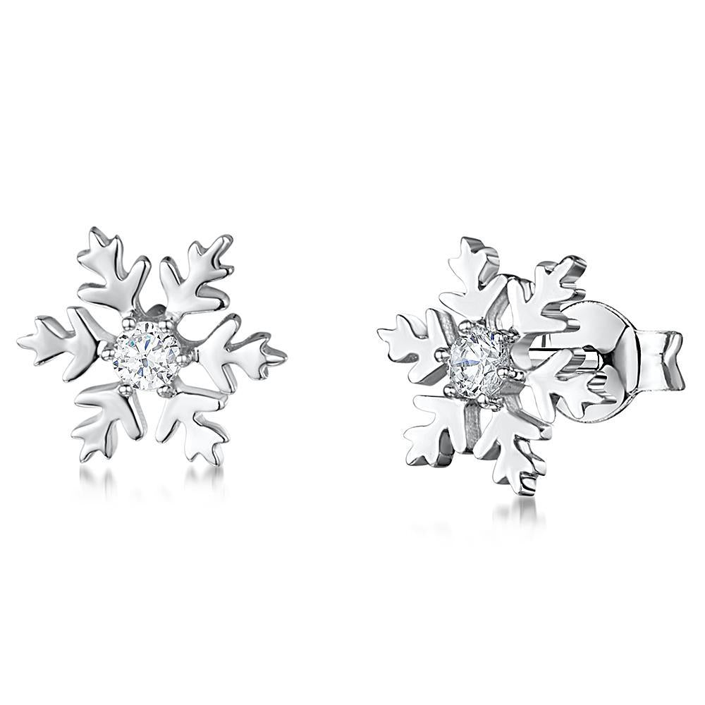 A pair of sterling silver snowflake earrings with a central cubic zirconia stone in each earring-JOOLS by Jenny Brown