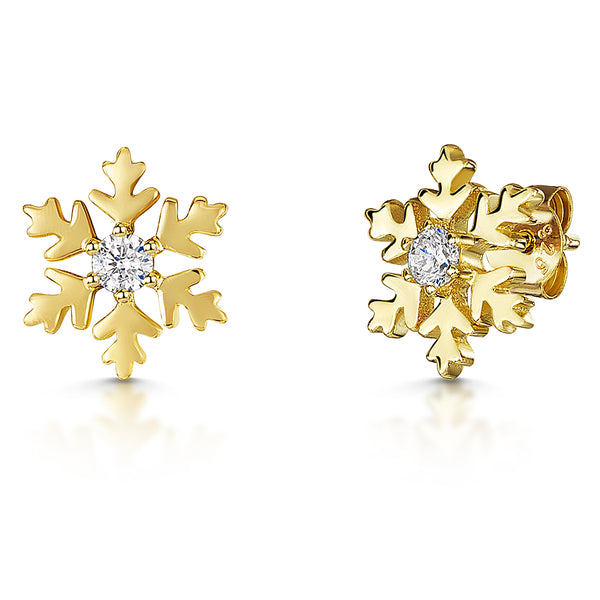 Yellow Gold Snowflake Stud Earrings Set With Cubic Zirconia-JOOLS by Jenny Brown