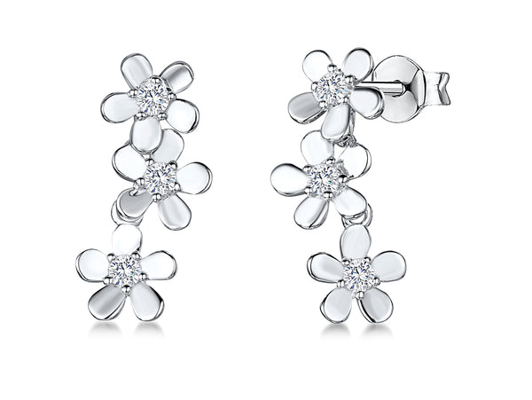 Sterling  Silver Triple Flower Drop Earrings  Set With A Cubic Zirconia Centre Stone 