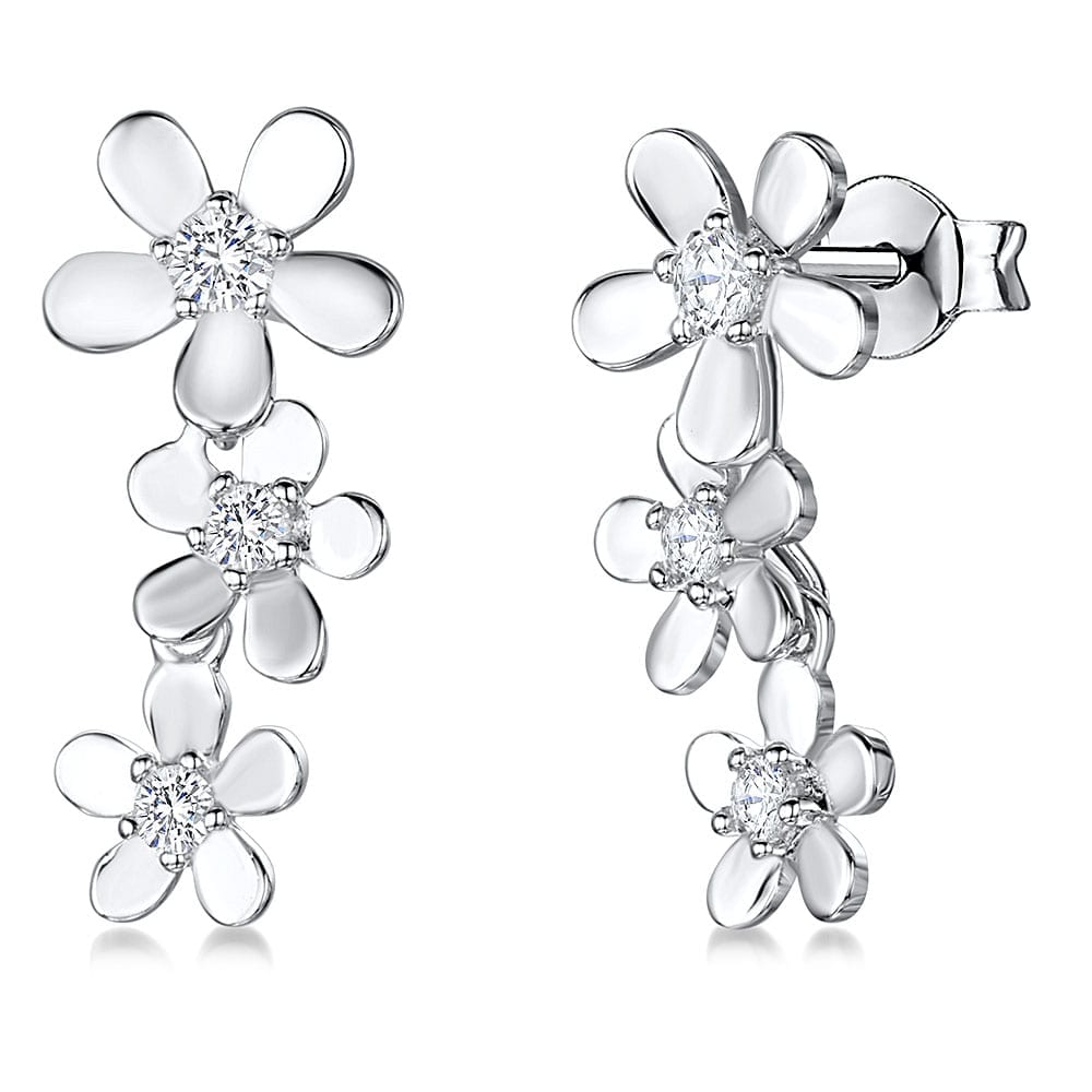 Sterling Silver Large Daisy Chain Drop Earrings With Cubic Zirconia