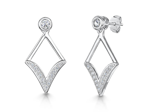 Sterling Silver Art Deco Inspired Diamond Shape Drop Earrings Featuring A Rub Set Cubic Zirconia Stone Set Baledrop earrings - JOOLS By Jenny Brown