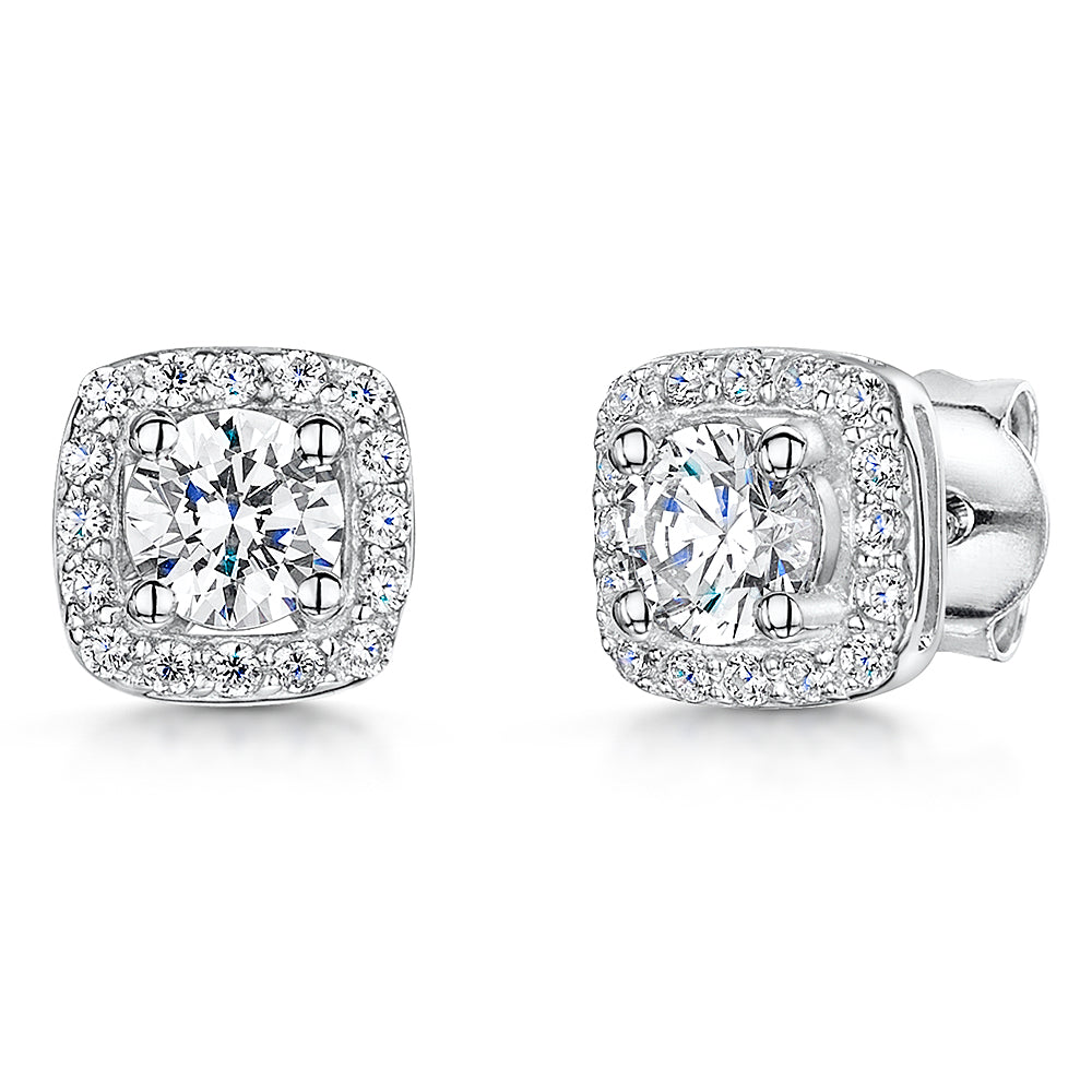 Sterling Silver Cushion Cut  Three Quarter Carat Halo  Earrings-JOOLS by Jenny Brown