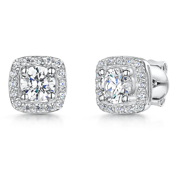Sterling Silver Cushion Cut  Three Quarter Carat Halo  Earrings-JOOLS by Jenny Brown