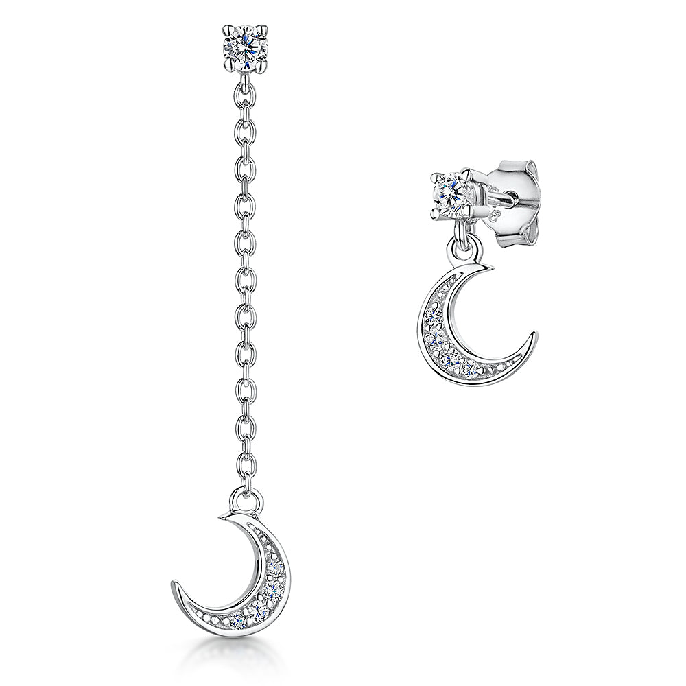 Sterling Silver Half Moon Stud And Long Chain Earrings-JOOLS by Jenny Brown
