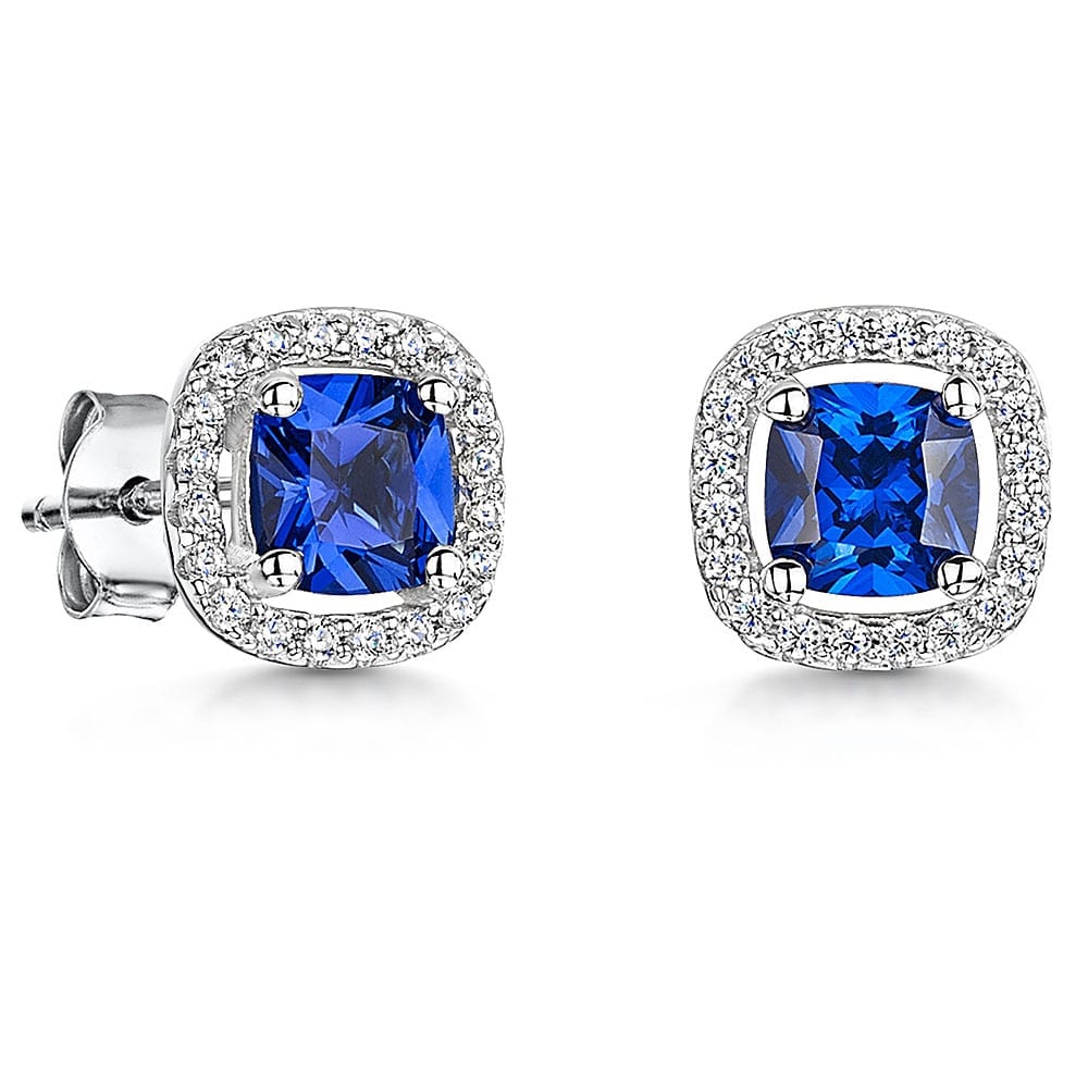 Sterling Silver Deep Blue Sapphire Cushion Cut Earrings With Pave Set Surround JOOLS by Jenny Brown 