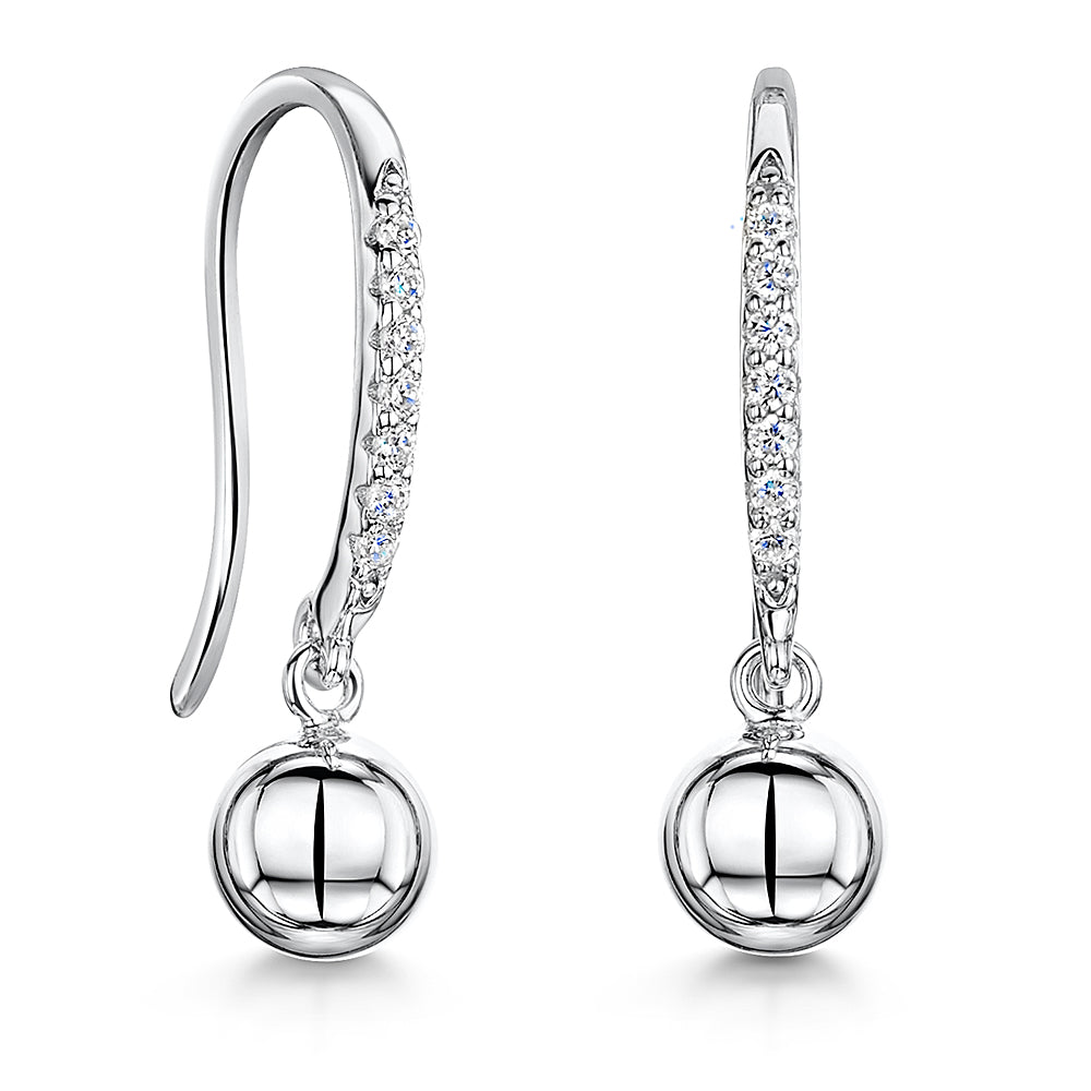 Sterling Silver Pave Set Fishhook Earrings With Plain Silver Ball Drop JOOLS by Jenny Brown
