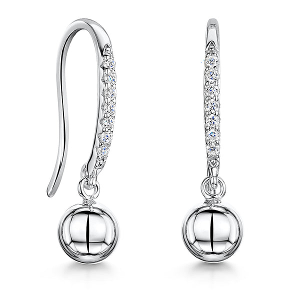 Sterling Silver Pave Set Fishhook Earrings With Plain Silver Ball Drop JOOLS by Jenny Brown