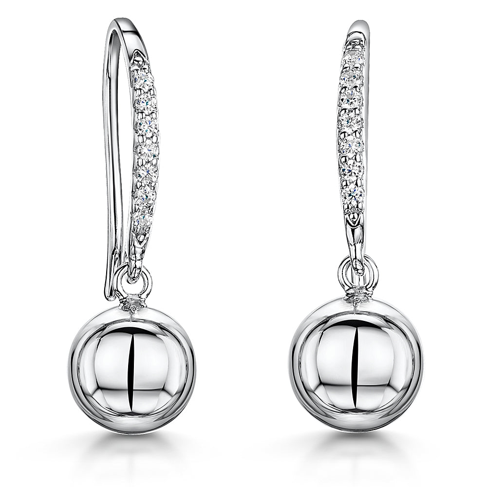 Sterling Silver Pave Set Fishhook Earrings With 8mm Plain Silver Ball Drop JOOLS by Jenny Brown