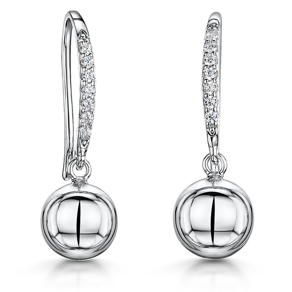 Sterling Silver Pave Set Fishhook Earrings With 8mm Plain Silver Ball Drop JOOLS by Jenny Brown