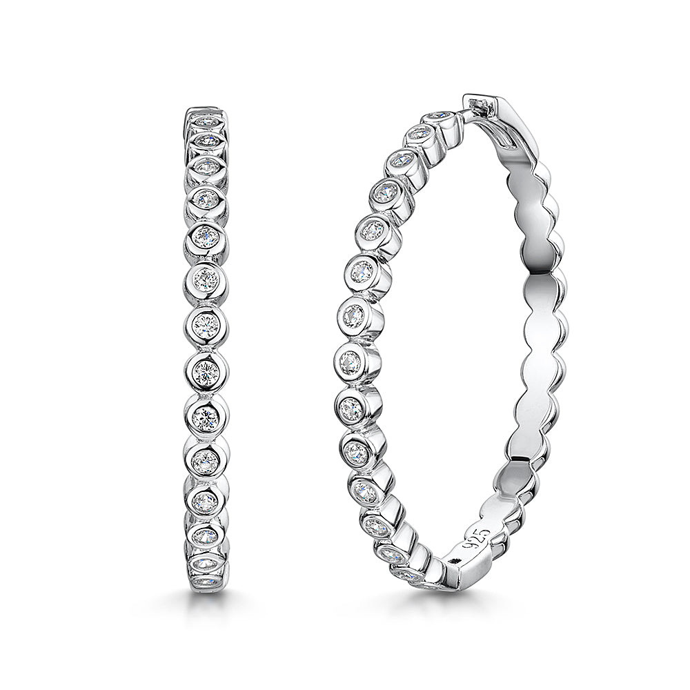 Sterling Silver  Bezel Set Hoop Earrings
