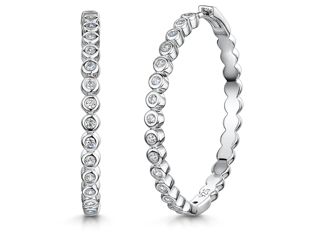 Sterling Silver Medium Hoop Earrings With Round Rubover Cubic Zirconia-JOOLS by Jenny Brwon