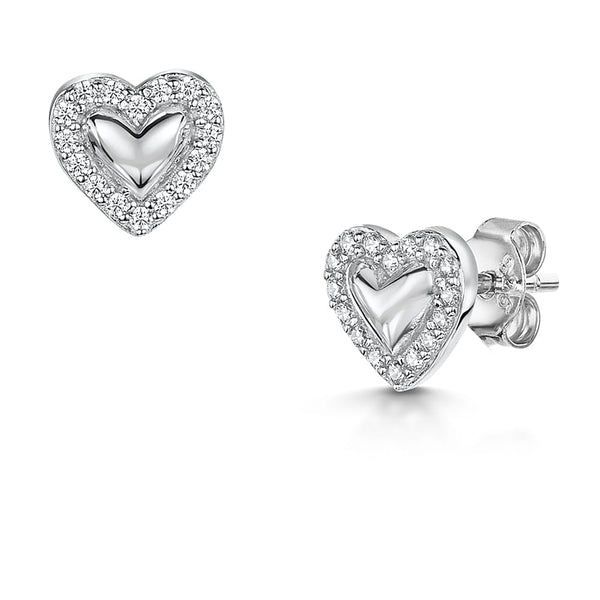 Sterling Silver Heart Studs With Polished Silver Centre And Pave Surround- JOOLS by Jenny Brown