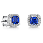 Load image into Gallery viewer, Sterling Silver Deep Blue Sapphire Princess Cut Earrings With Pave Set Surround JOOLS by Jenny Brown
