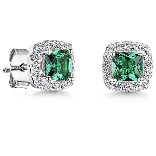 Sterling Silver Green Emerald Princess Cut Earrings With Pave Set Surround JOOLS by Jenny Brown