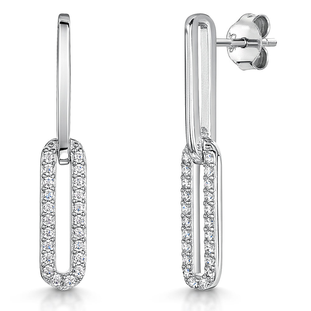 Sterling Silver Long Drop Link Earring With Cubic Zirconia-JOOLS by Jenny Brown