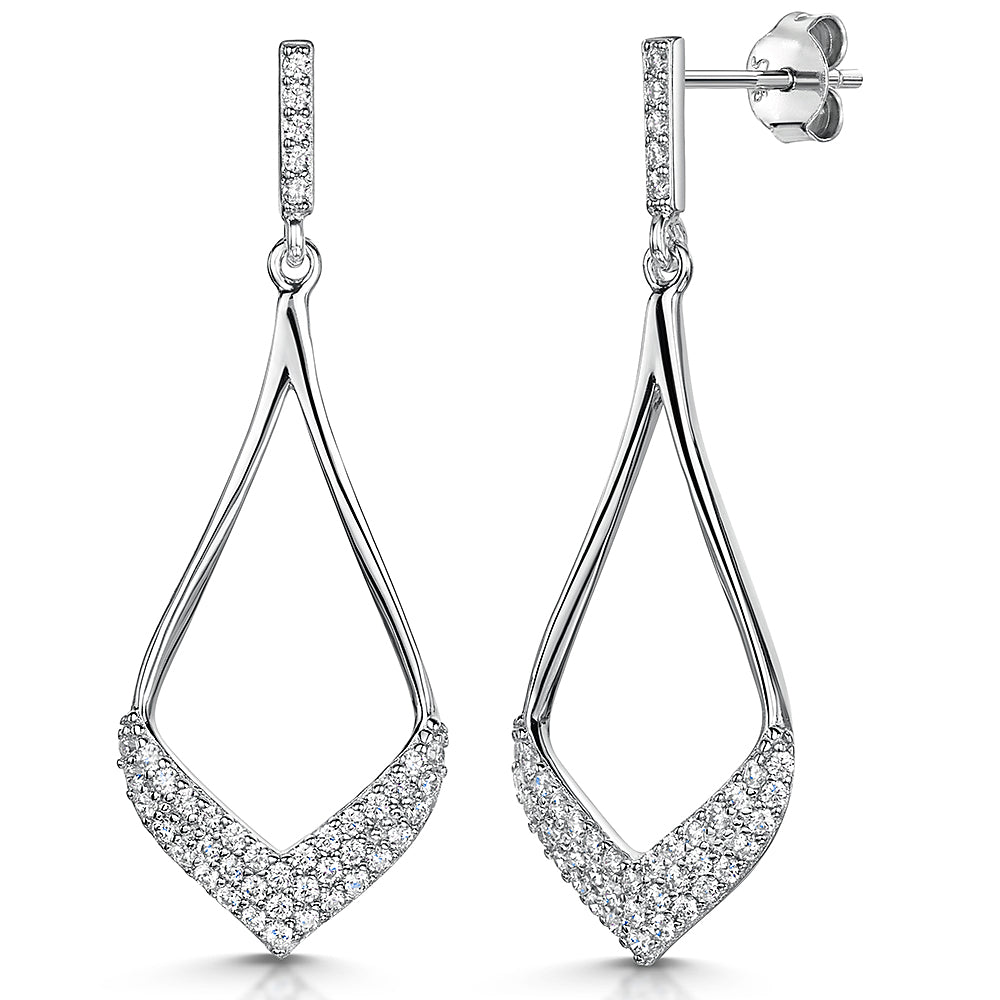 A pair of sterling silver open teardrop-shaped drop earrings with pave cubic zirconia stones-JOOLS by Jenny Brown