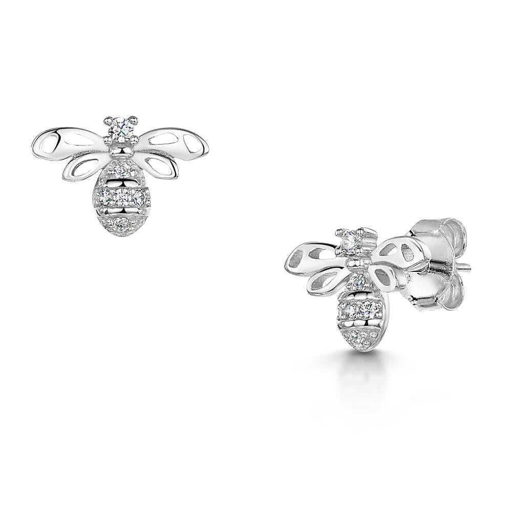Sterling Silver Bee Earrings Set With A Cubic Zirconia Body