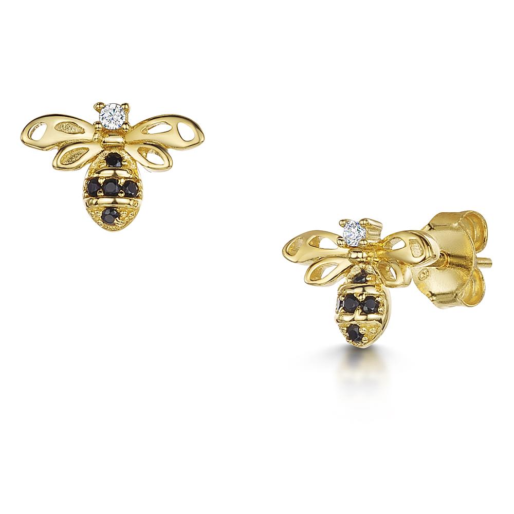 Yellow Gold Plated Silver Bee earrings Set with A Black Cubic Zirconia Set body