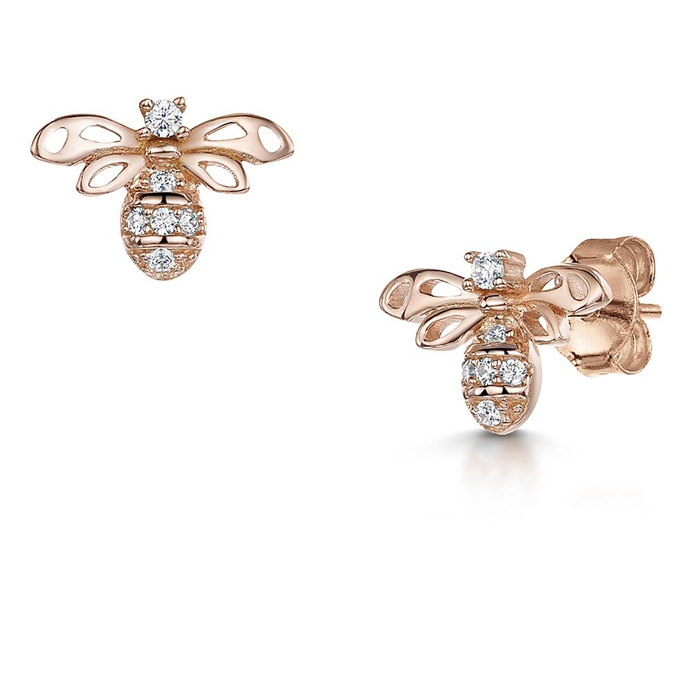 Rose Gold Plated Silver Bee Earring Set With A Cubic Zirconia Body