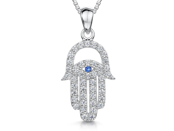 Sterling Silver Hamsa Hand  Blue Stone Evil Eye Necklace - JOOLS By Jenny Brown