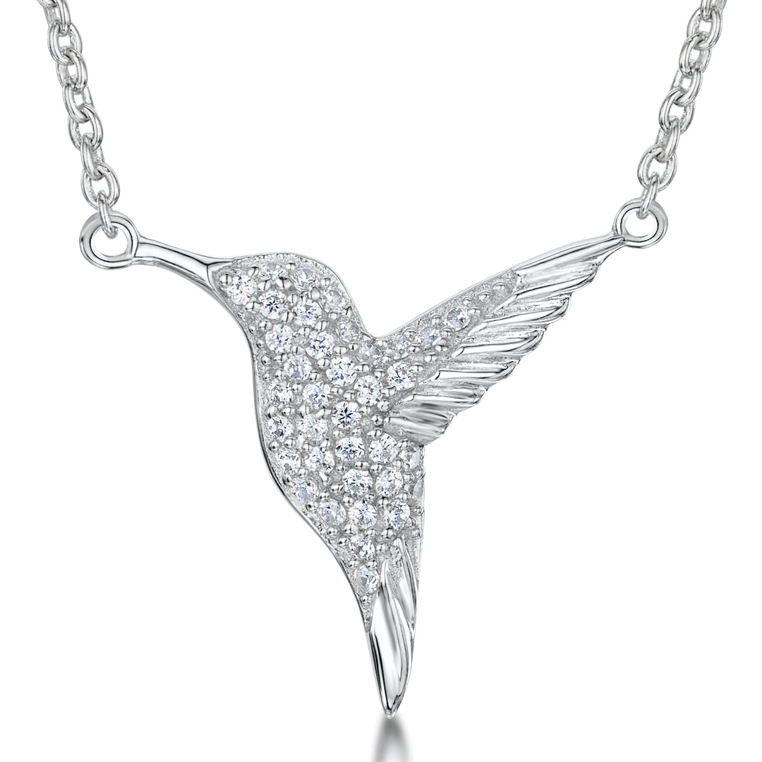 Pave Set Sterling Silver Hummingbird Pendant On A Fixed Chain JOOLS by Jenny Brown