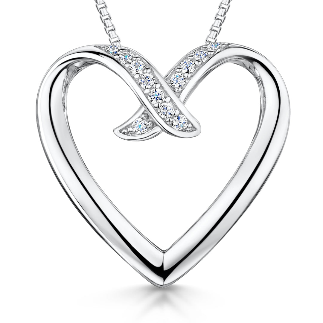 A sterling silver heart-shaped pendant with overlapping cubic zirconias, attached to a silver chain-JOOLS by Jenny Brown