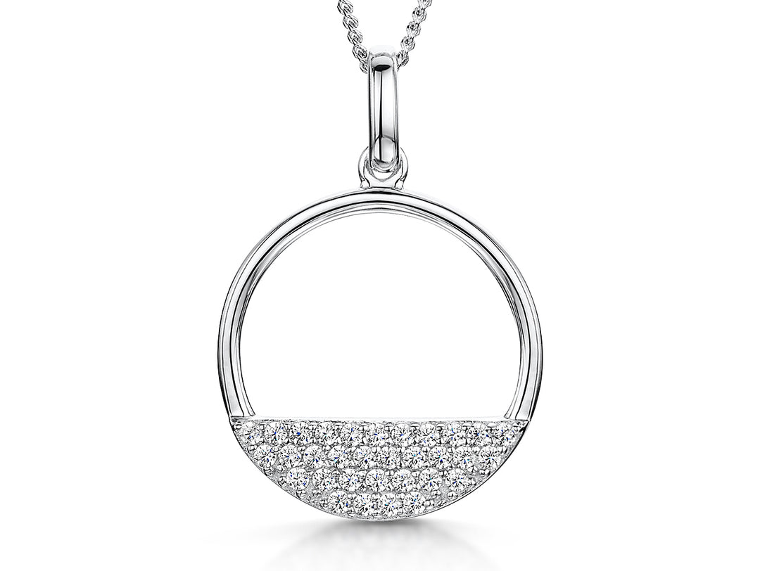 Sterling Silver Open Circle Pendant With Half Moon Pave Cubic Zirconias