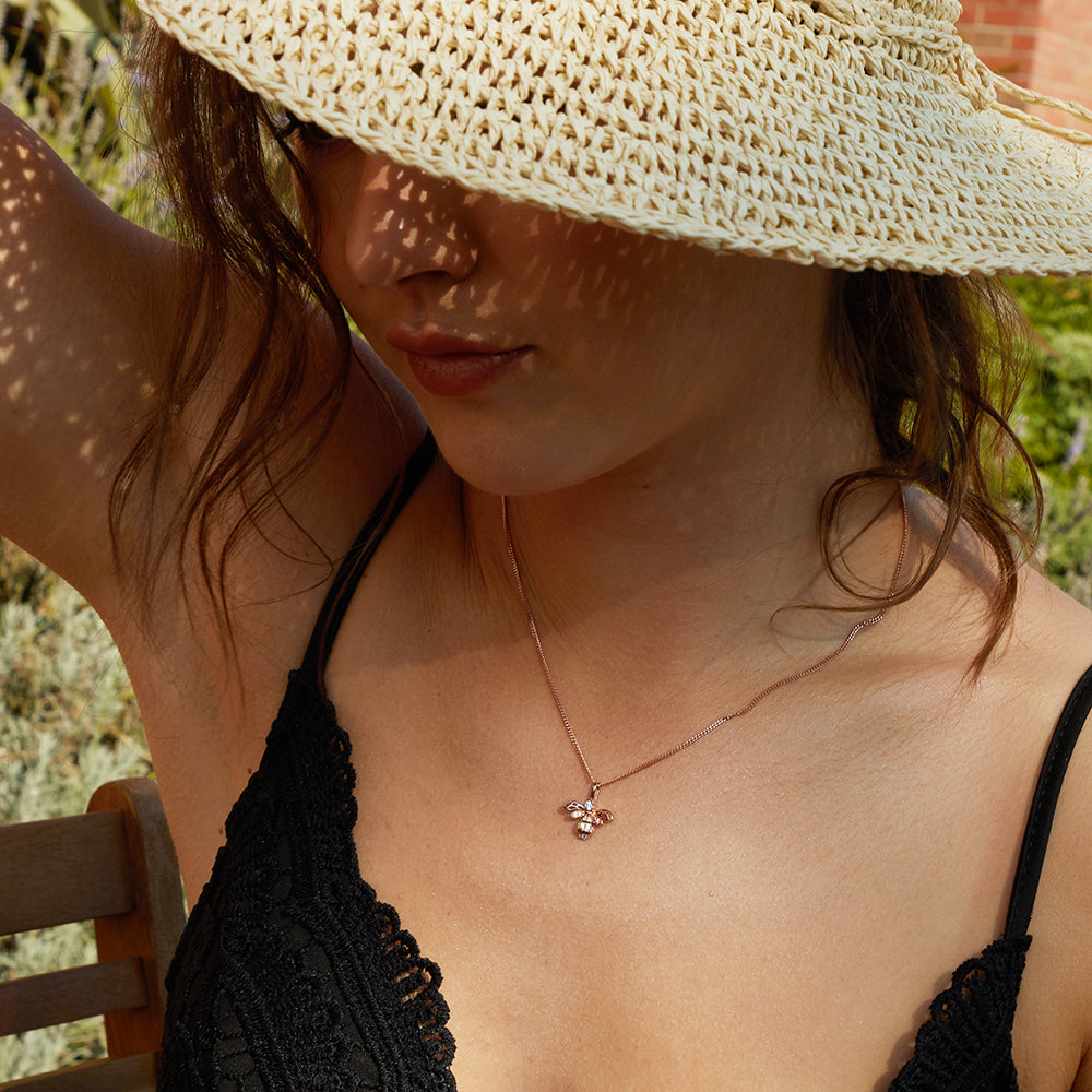 Small Rose Gold Bee Necklace Set With White Cubic Zirconia Stones-JOOLS by Jenny Brown