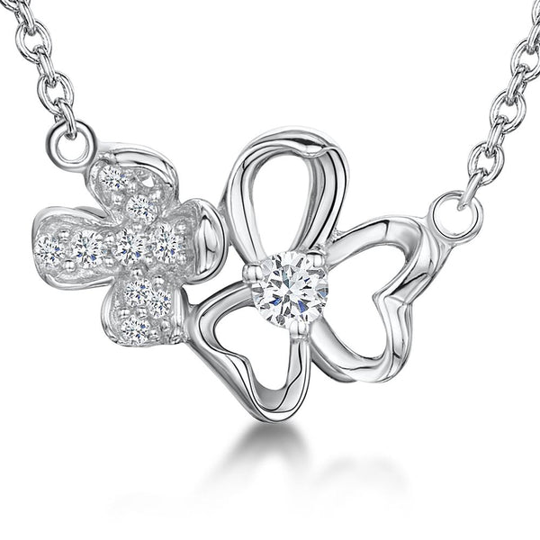 Sterling Silver Double Flower With  Plain and Stone Encrusted Petals On A Fixed Chainpendants - JOOLS By Jenny Brown