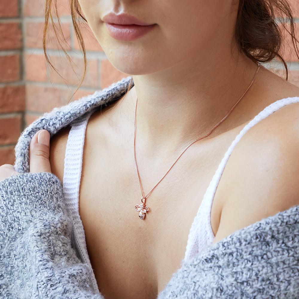 Sterling Silver Rose Gold Large Bumble Bee Necklace - Set With Cubic Zirconia Stones