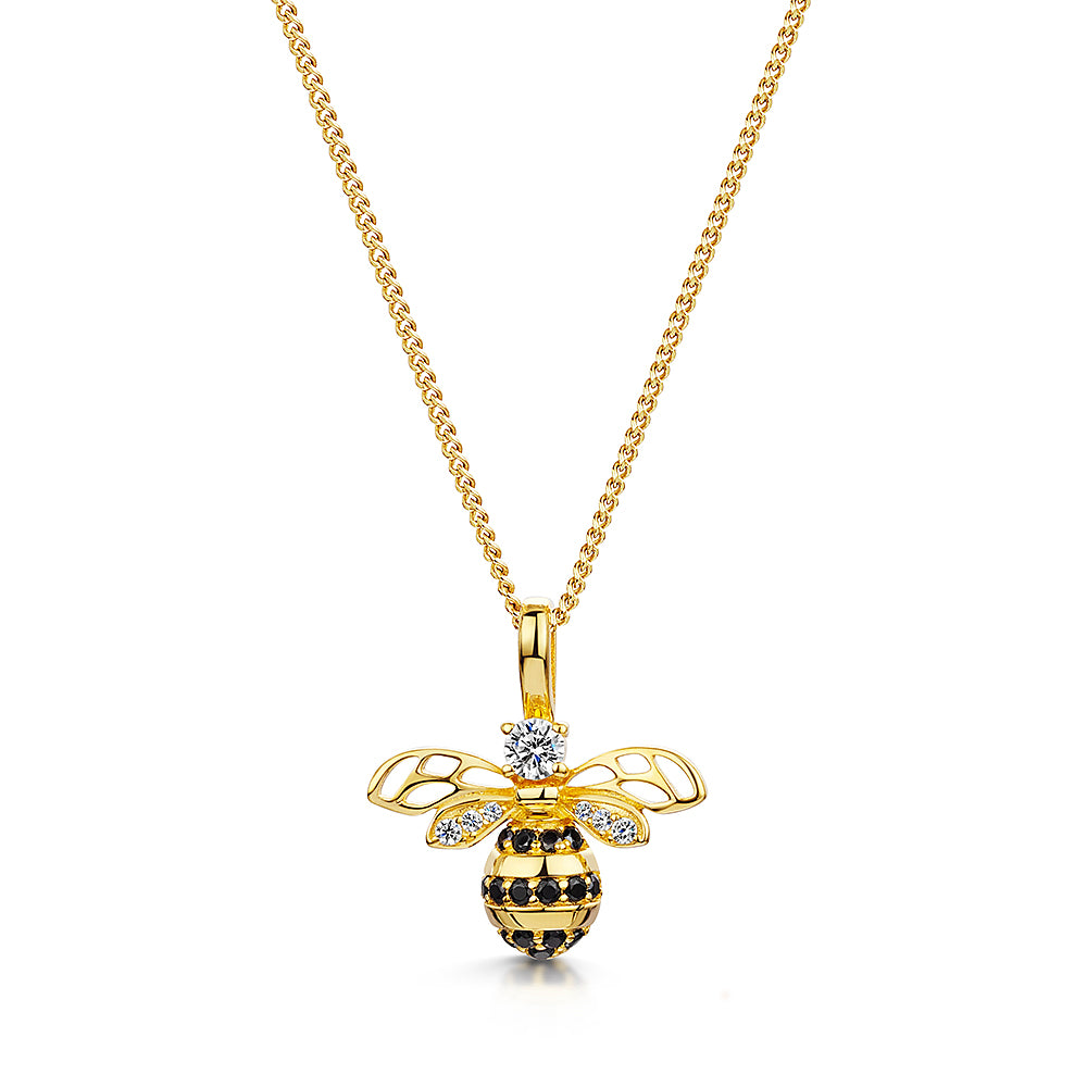 Yellow Gold Large Bumble Bee Necklace Set With Black and White Cubic Zirconia Stones