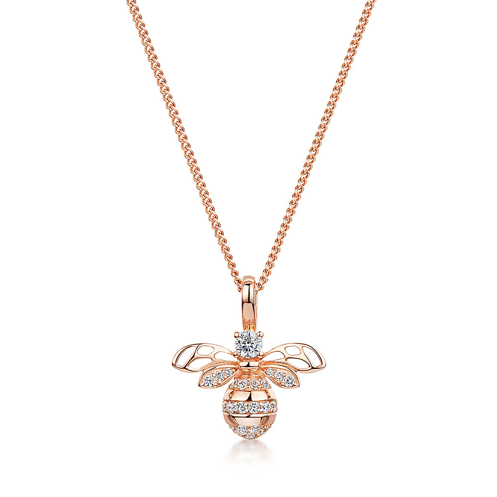 Sterling Silver Bee Necklace Set With White Cubic Zirconia Stones