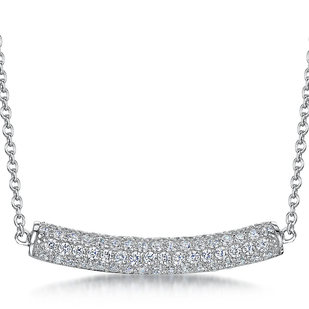 Sterling Silver Pave Set Curved Bar Pendant On A Fixed Chain