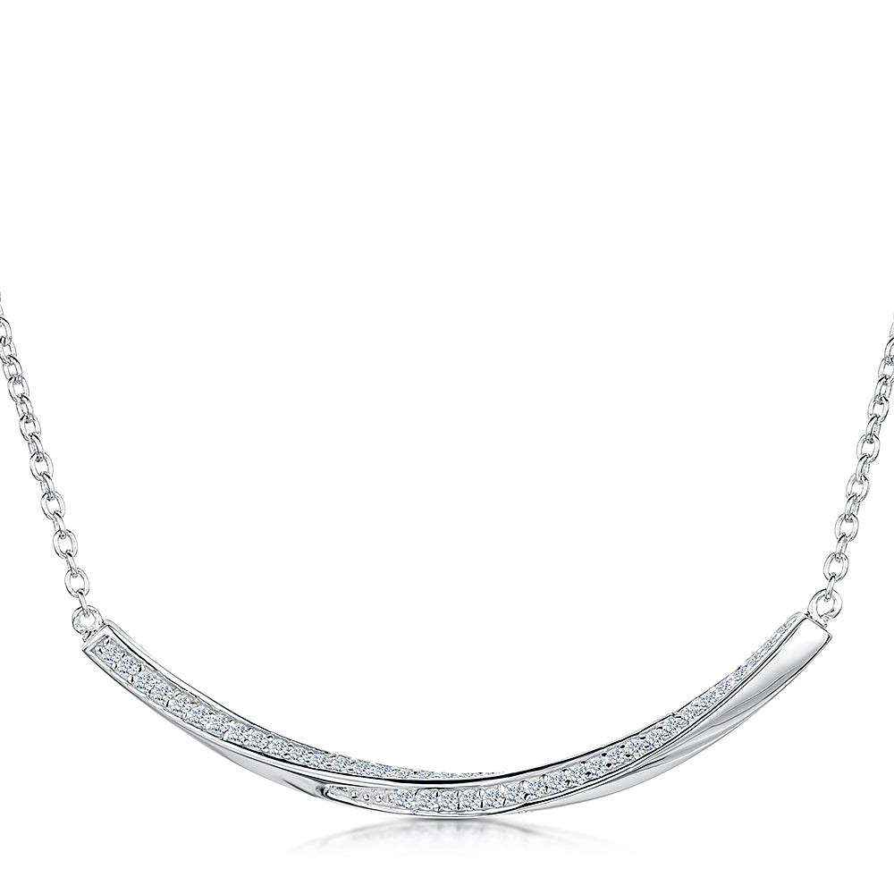 Sterling Silver Curved Pave Bar Pendant on Fixed Chain JOOLS by Jenny Brown