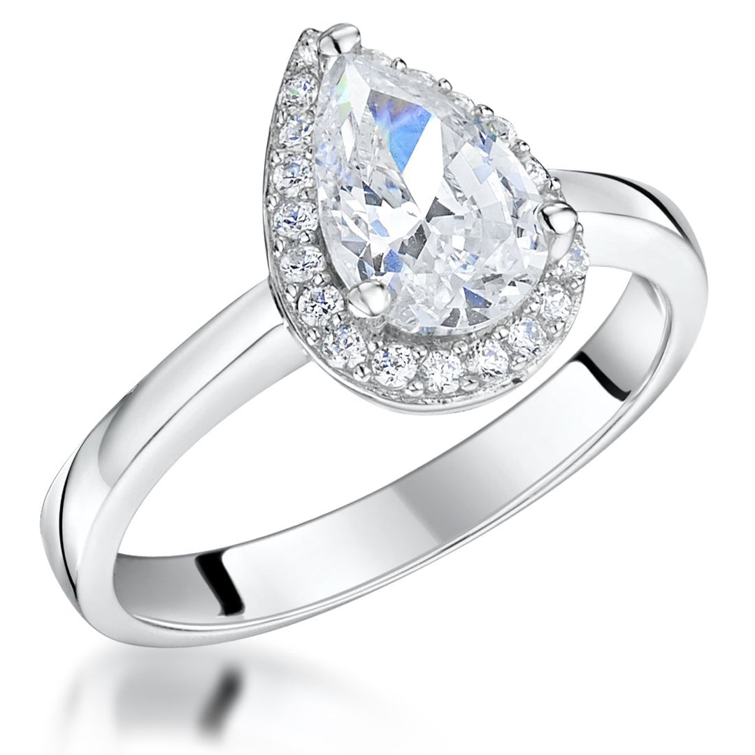 Sterling Silver Pear Shape Halo Cubic Zirconia  Ring Set With A  2 Carat Stone - JOOLS By Jenny Brown