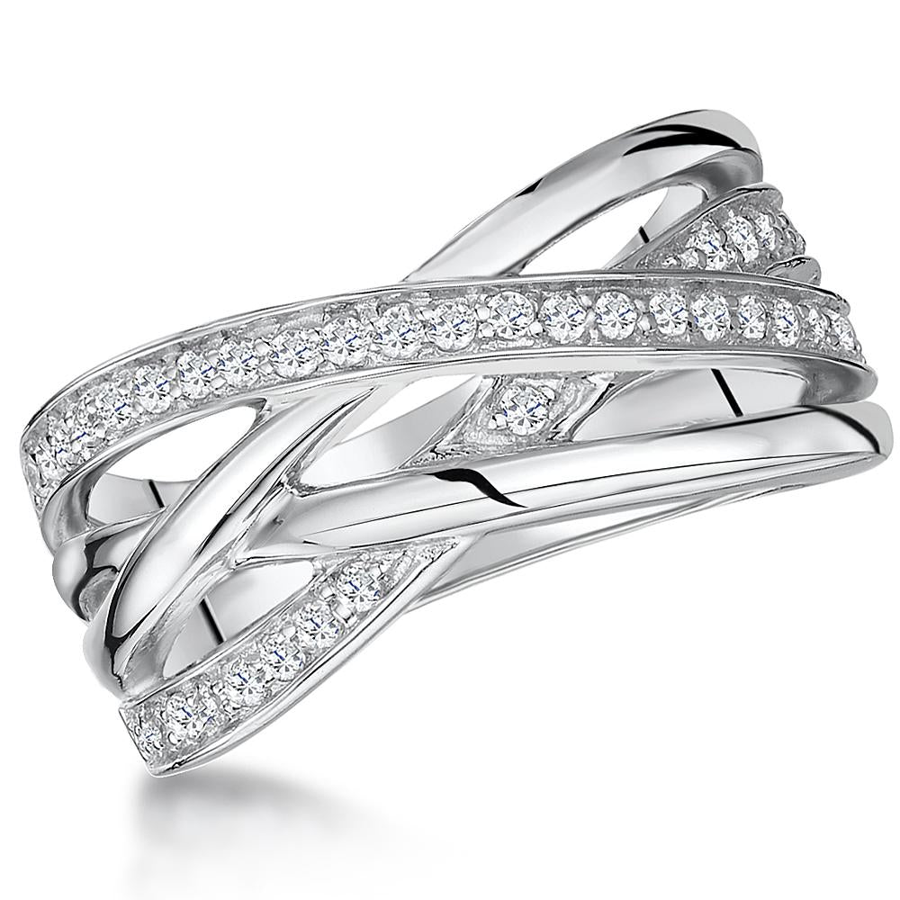 Sterling Silver  Crossover Band Ring  Set With Two Rows Of  Cubic Zirconia StonesRings - JOOLS By Jenny Brown