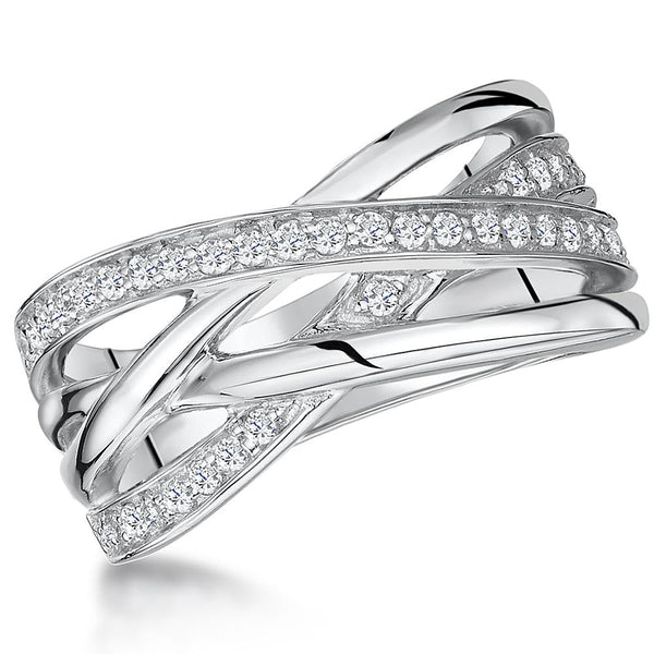 Sterling Silver  Crossover Band Ring  Set With Two Rows Of  Cubic Zirconia StonesRings - JOOLS By Jenny Brown