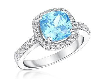 Sterling Silver And 3 Carat Halo Cushion Cut Ocean Blue Zirconia Ring - JOOLS By Jenny Brown