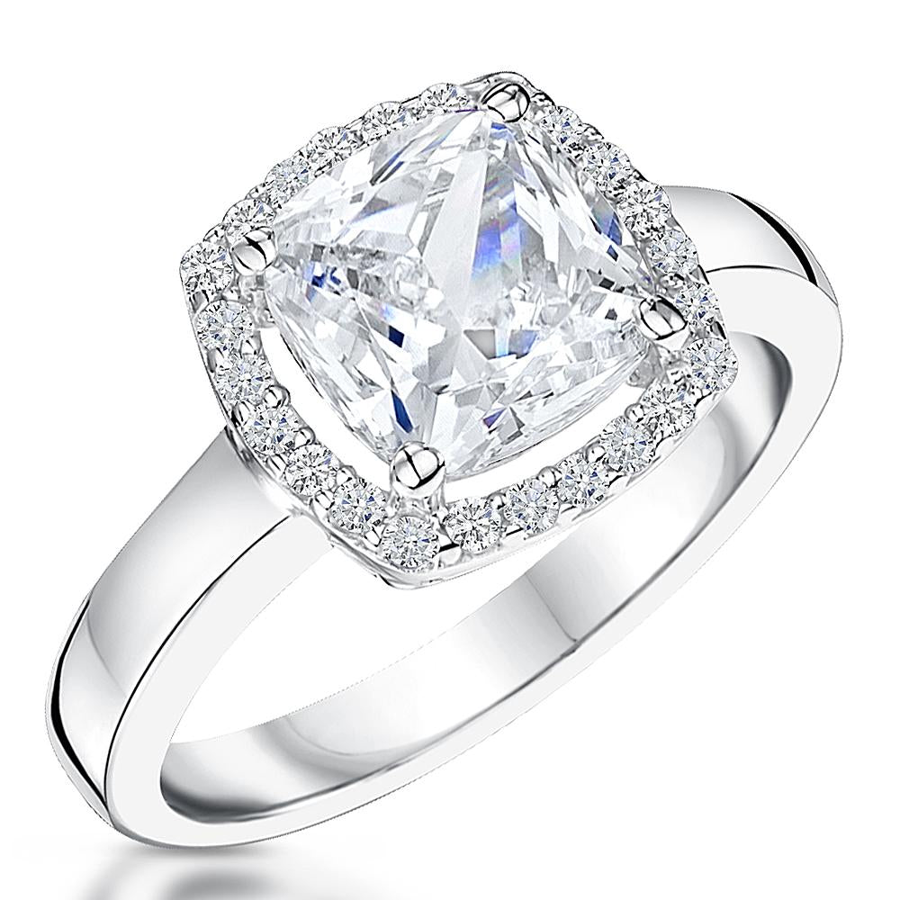 Sterling Silver White  Cubic Zirconia 3 Carat  Halo Cushion Cut  RingRings - JOOLS By Jenny Brown