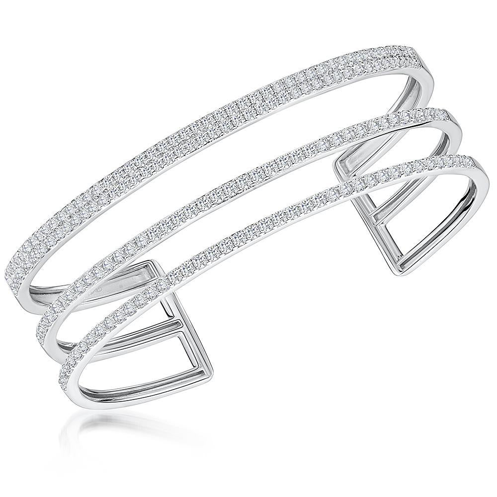 Sterling Silver Triple Strand Cuff Bangle Set With Cubic Zirconia StonesBracelets - JOOLS By Jenny Brown