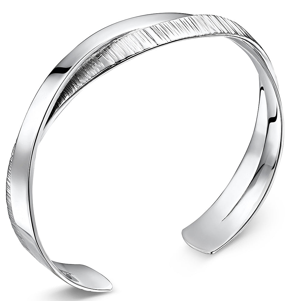 Sterling Silver Overlapping Bangle Half Plain Silver Half Cubic Zirconia Stone Set Cuff Bangle - JOOLS By Jenny Brown