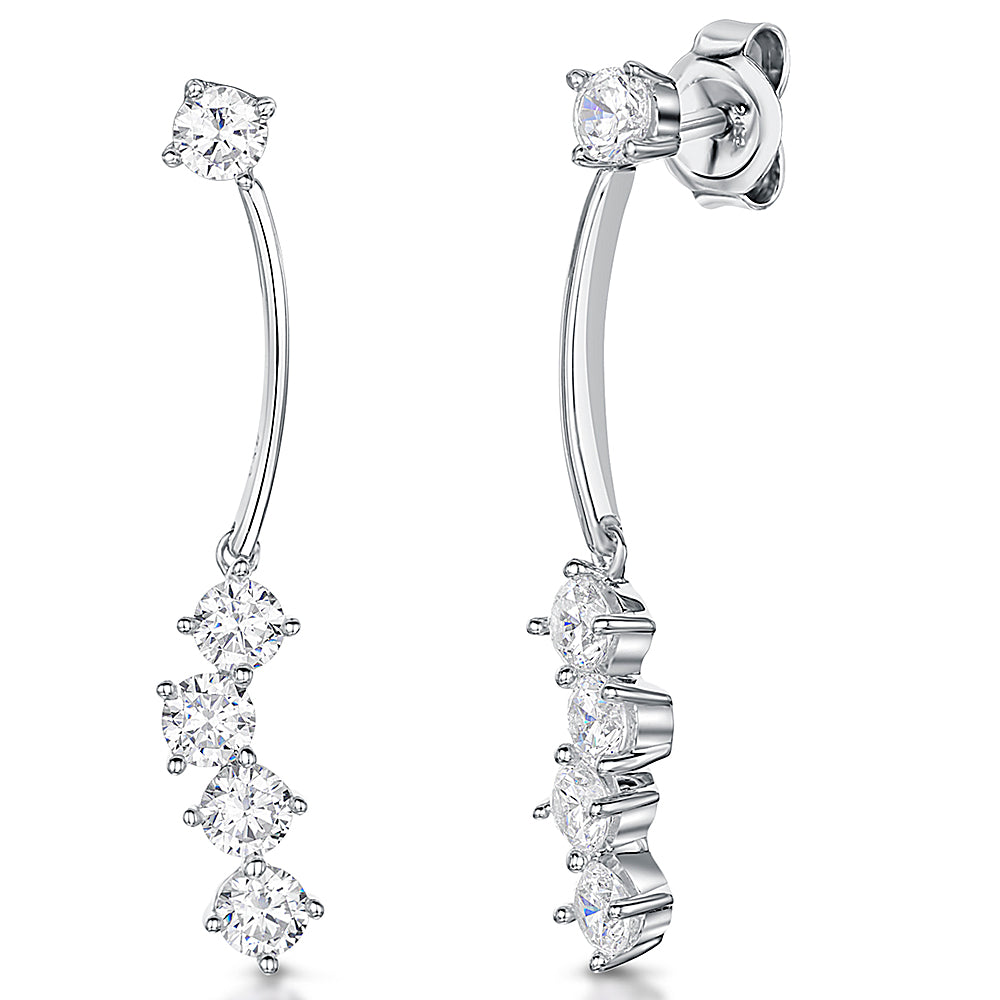 Sterling Silver Earrings With Long Curved Drop & Four Cubic Zirconias JOOLS by Jenny Brown