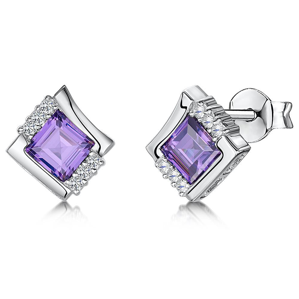 Sterling Silver And Amethyst Cubic Zirconia Square Offset EarringsEarrings - JOOLS By Jenny Brown