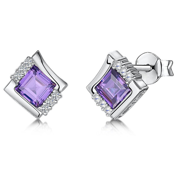 Sterling Silver And Amethyst Cubic Zirconia Square Offset EarringsEarrings - JOOLS By Jenny Brown