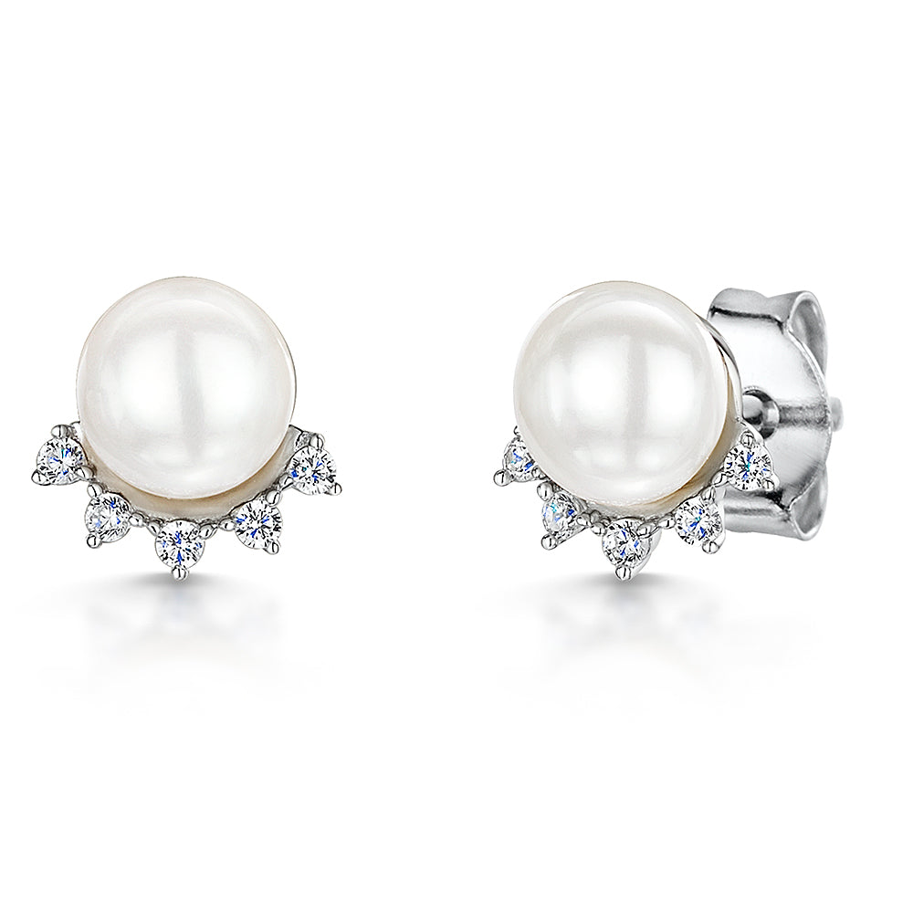 Sterling Silver And Pearl  Five Stone  Earrings White Zirconia Stone Halo - JOOLS By Jenny Brown