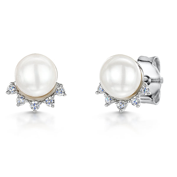 Sterling Silver And Pearl  Five Stone  Earrings White Zirconia Stone Halo - JOOLS By Jenny Brown