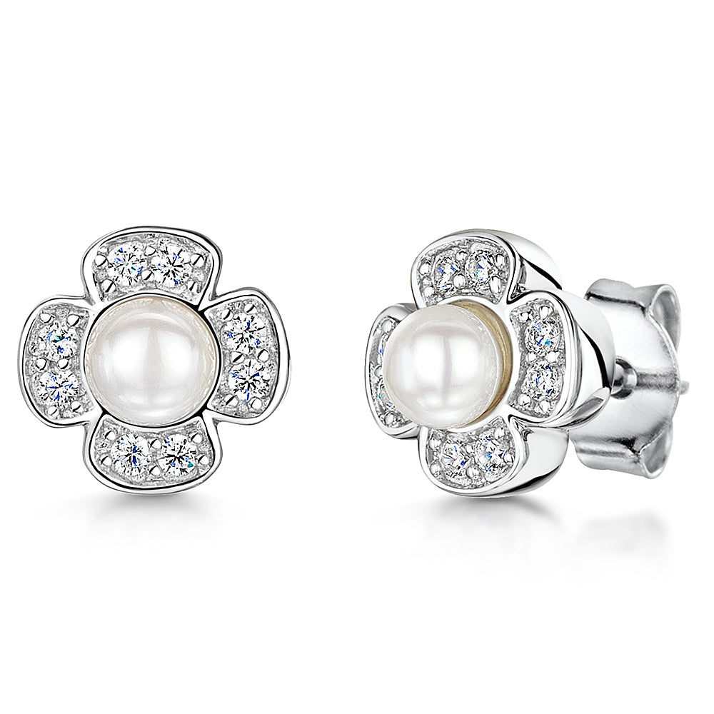 STERLING SILVER AND  PEARL FLOWER EARRINGS SET  WHITE ZIRCONIA SURROUND Earrings - JOOLS By Jenny Brown