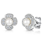 Load image into Gallery viewer, STERLING SILVER AND  PEARL FLOWER EARRINGS SET  WHITE ZIRCONIA SURROUND Earrings - JOOLS By Jenny Brown
