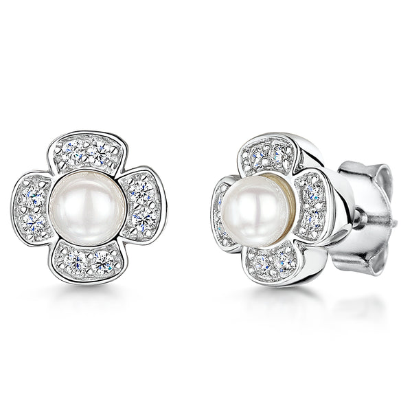 STERLING SILVER AND  PEARL FLOWER EARRINGS SET  WHITE ZIRCONIA SURROUND Earrings - JOOLS By Jenny Brown