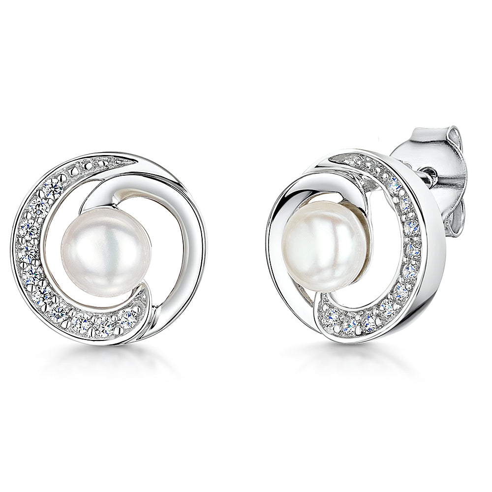 STERLING SILVER AND PEARL SWIRL EARRINGS WITH WHITE ZIRCONIAS Earrings - JOOLS By Jenny Brown